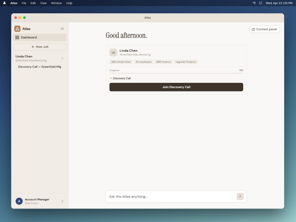 Atlas dashboard with live discovery call entry for Greenfield Manufacturing