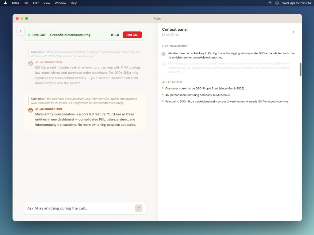 Atlas live call experience with AI transcript and context panel notes
