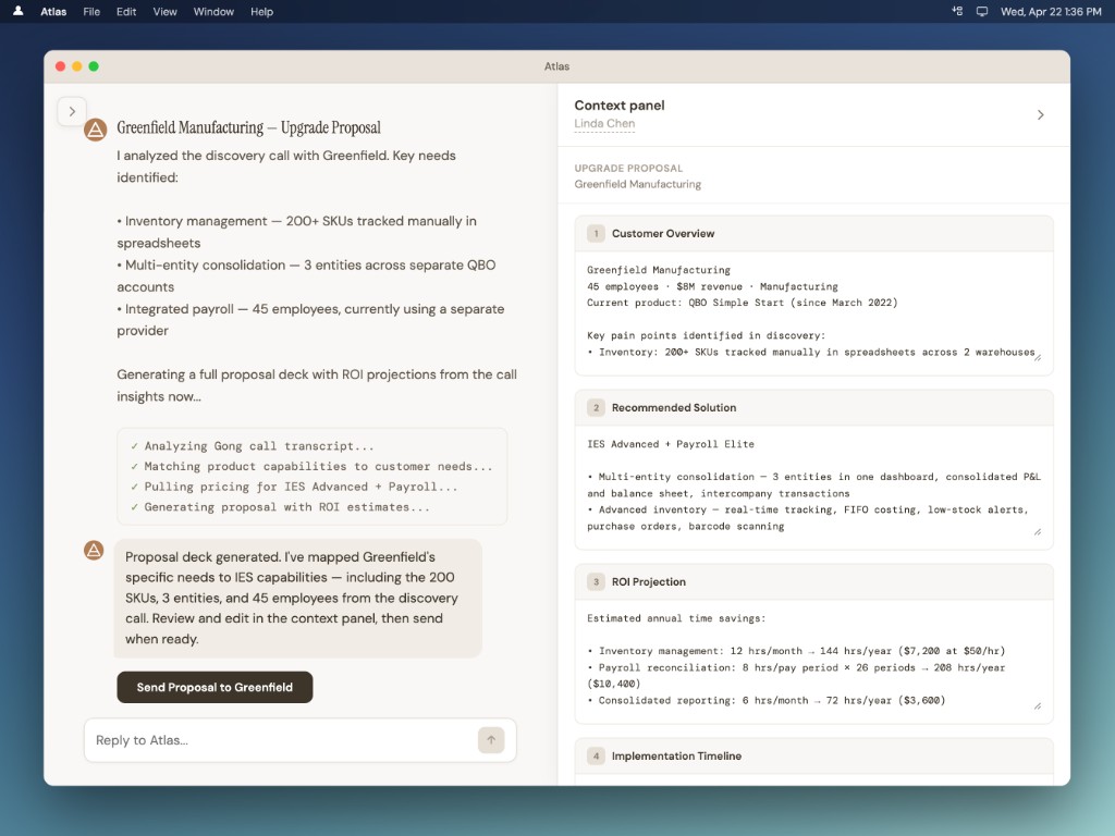 Atlas generated upgrade proposal with recommended solution and ROI projection