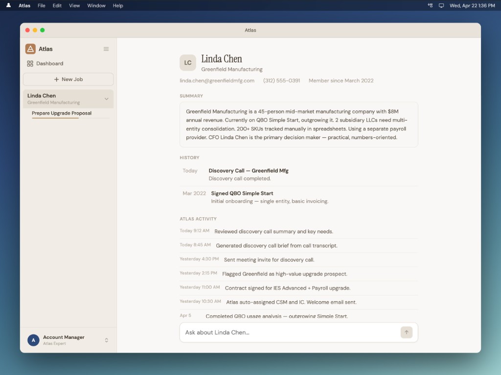 Atlas customer profile view with summary, history, and activity timeline