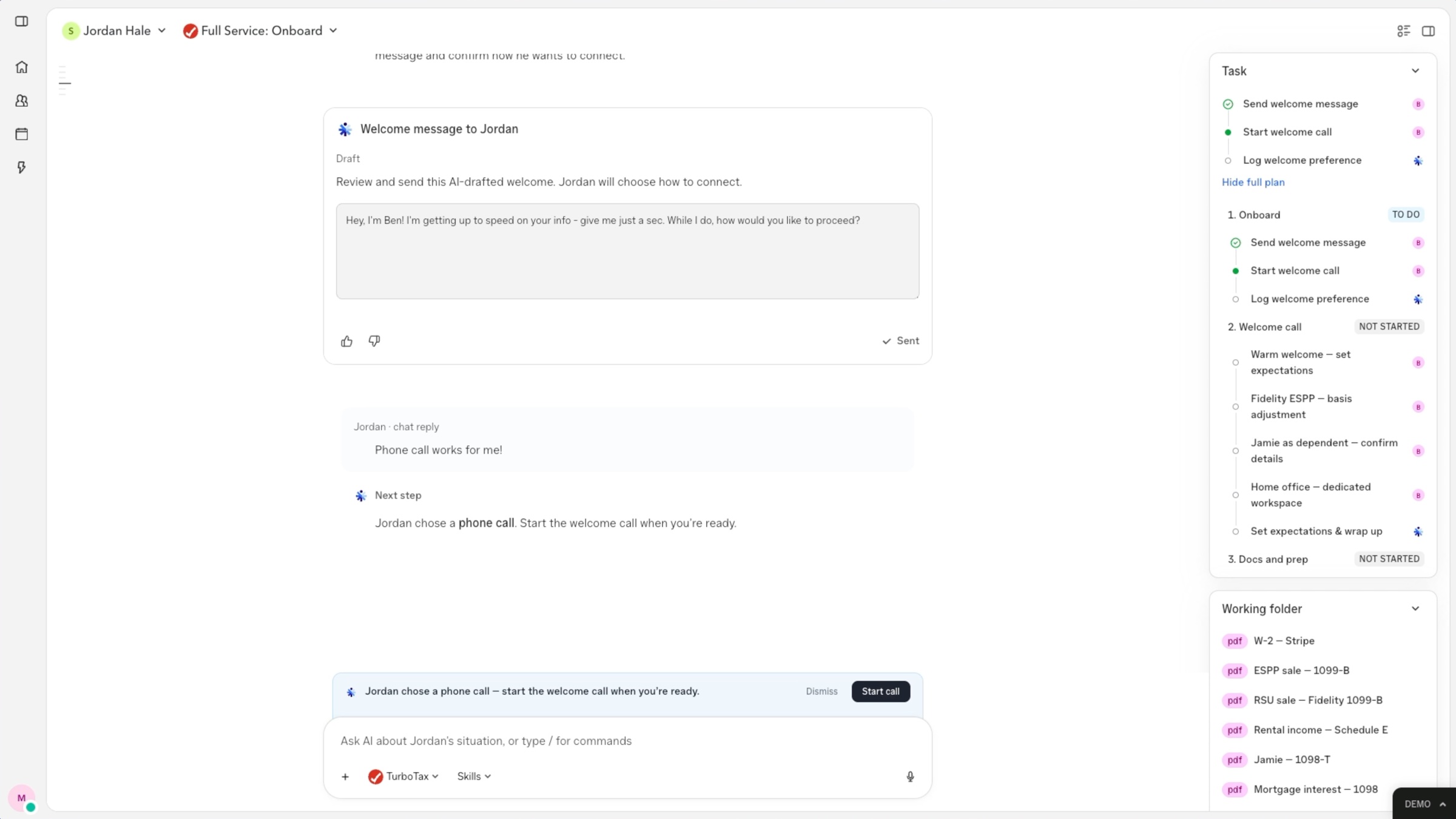 Client replies that a phone call works, with the full onboarding plan and working folder alongside