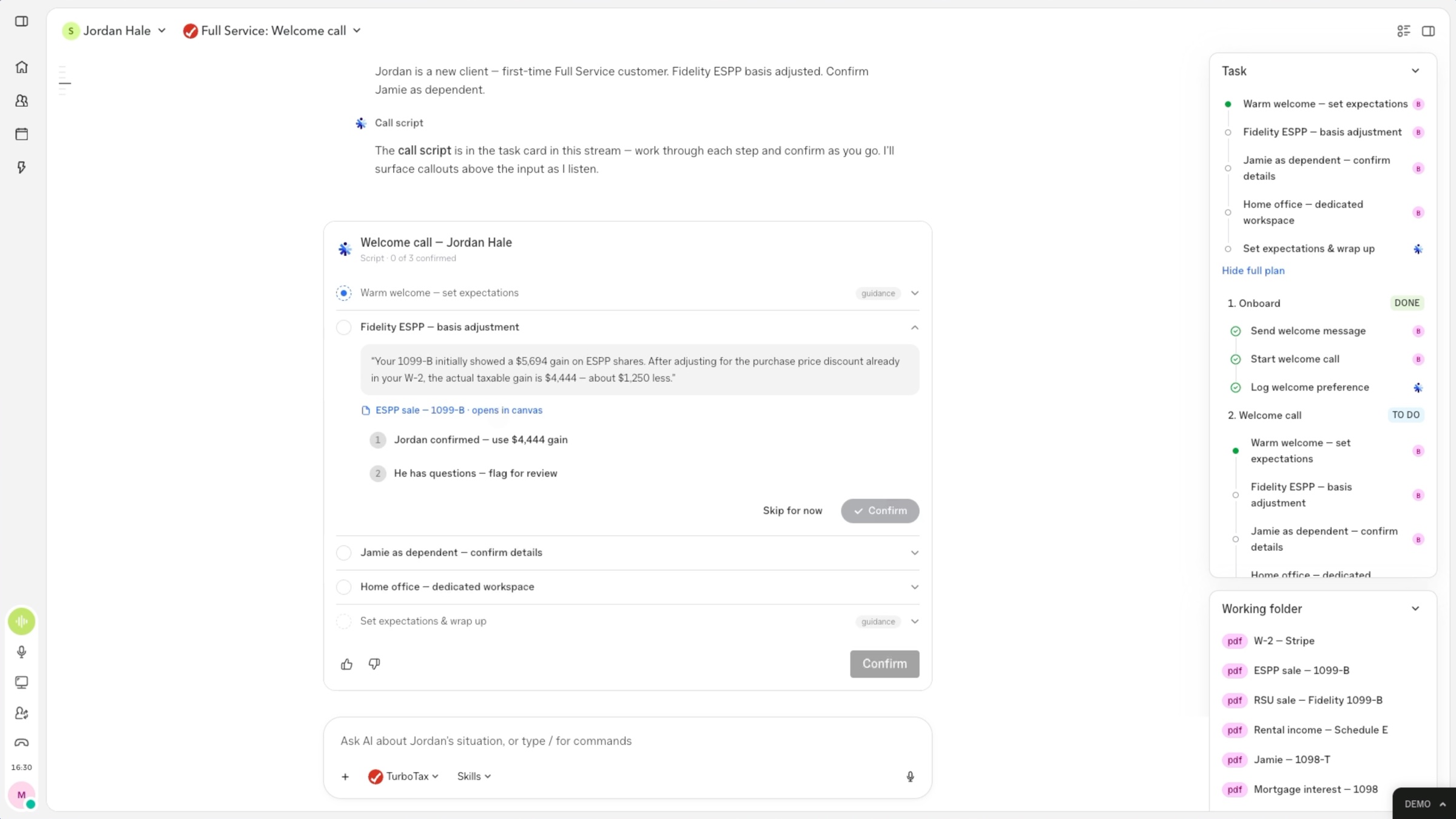 Guided welcome call script with an ESPP basis adjustment the expert confirms with the client