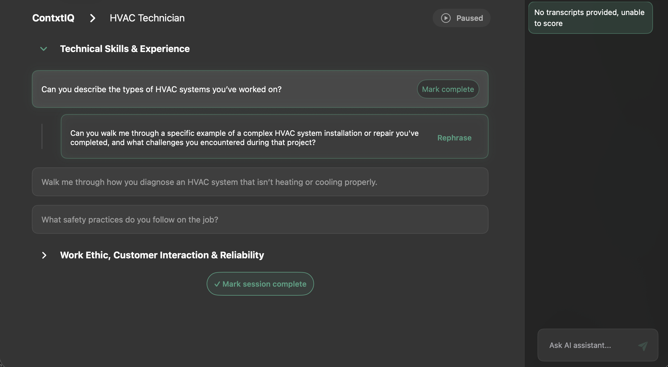 Follow-up questions — generated probes and reasoning in right rail
