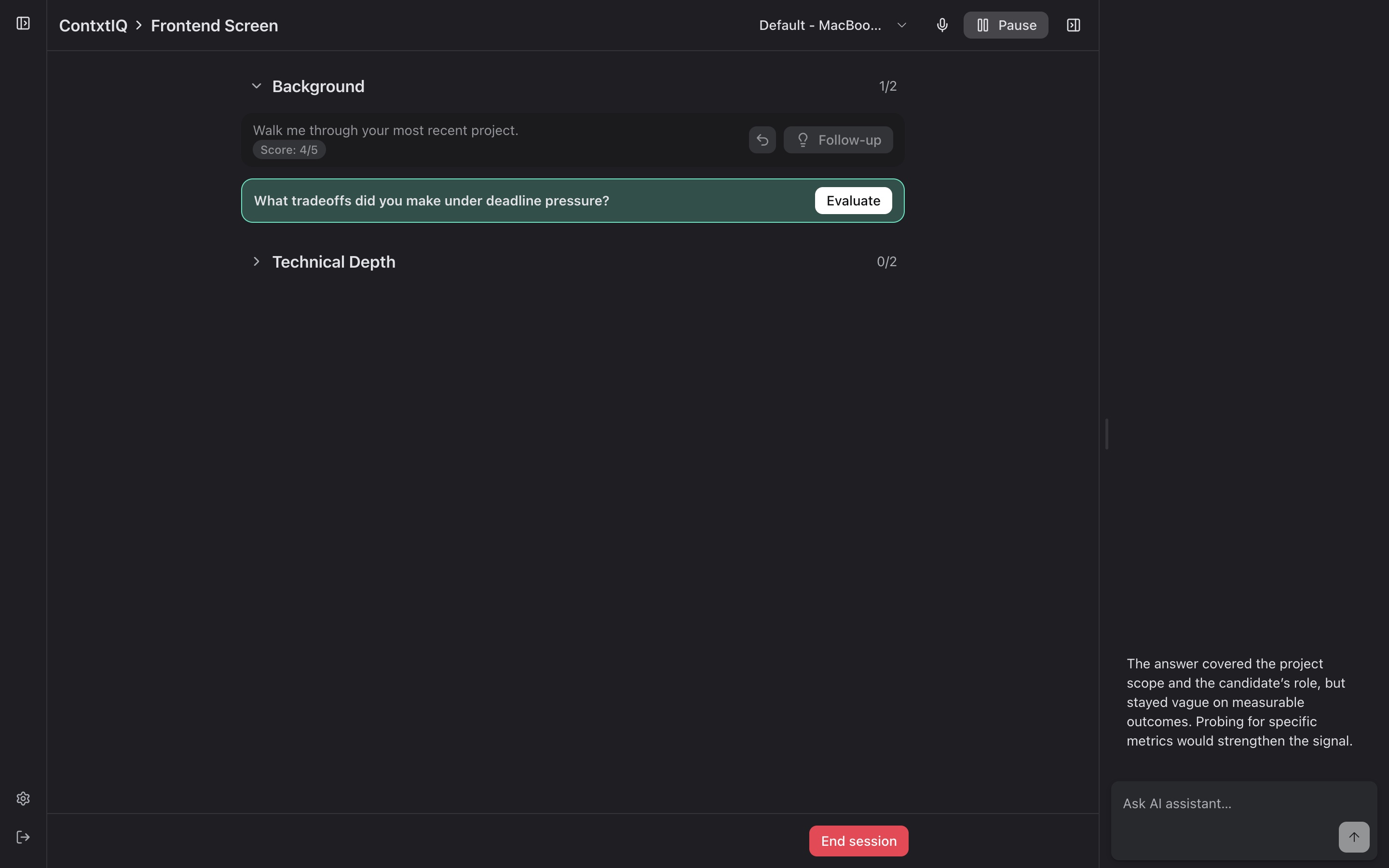 Evaluated question: score, follow-up and AI rationale
