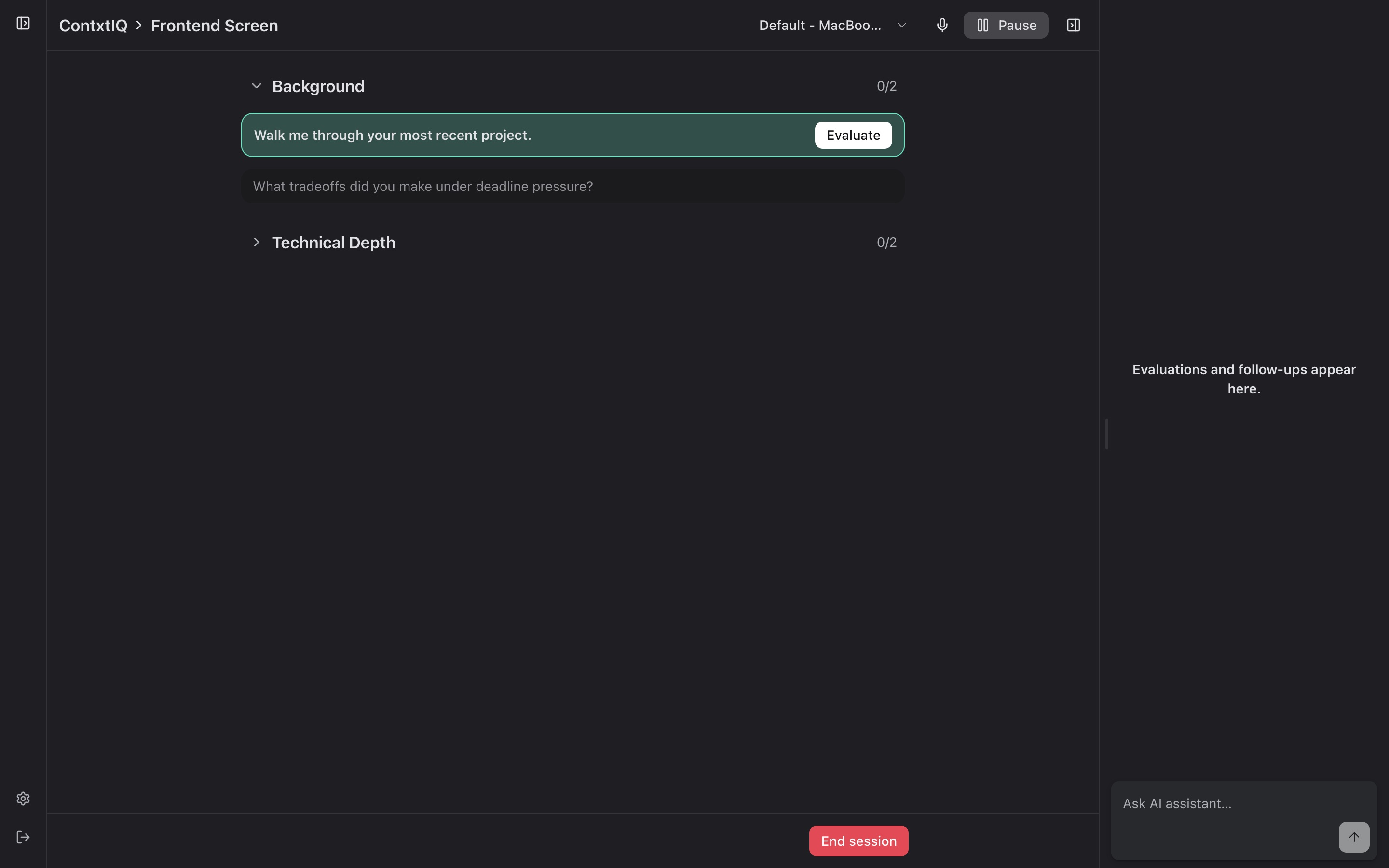 Live session: the active question is highlighted while ContxtIQ listens