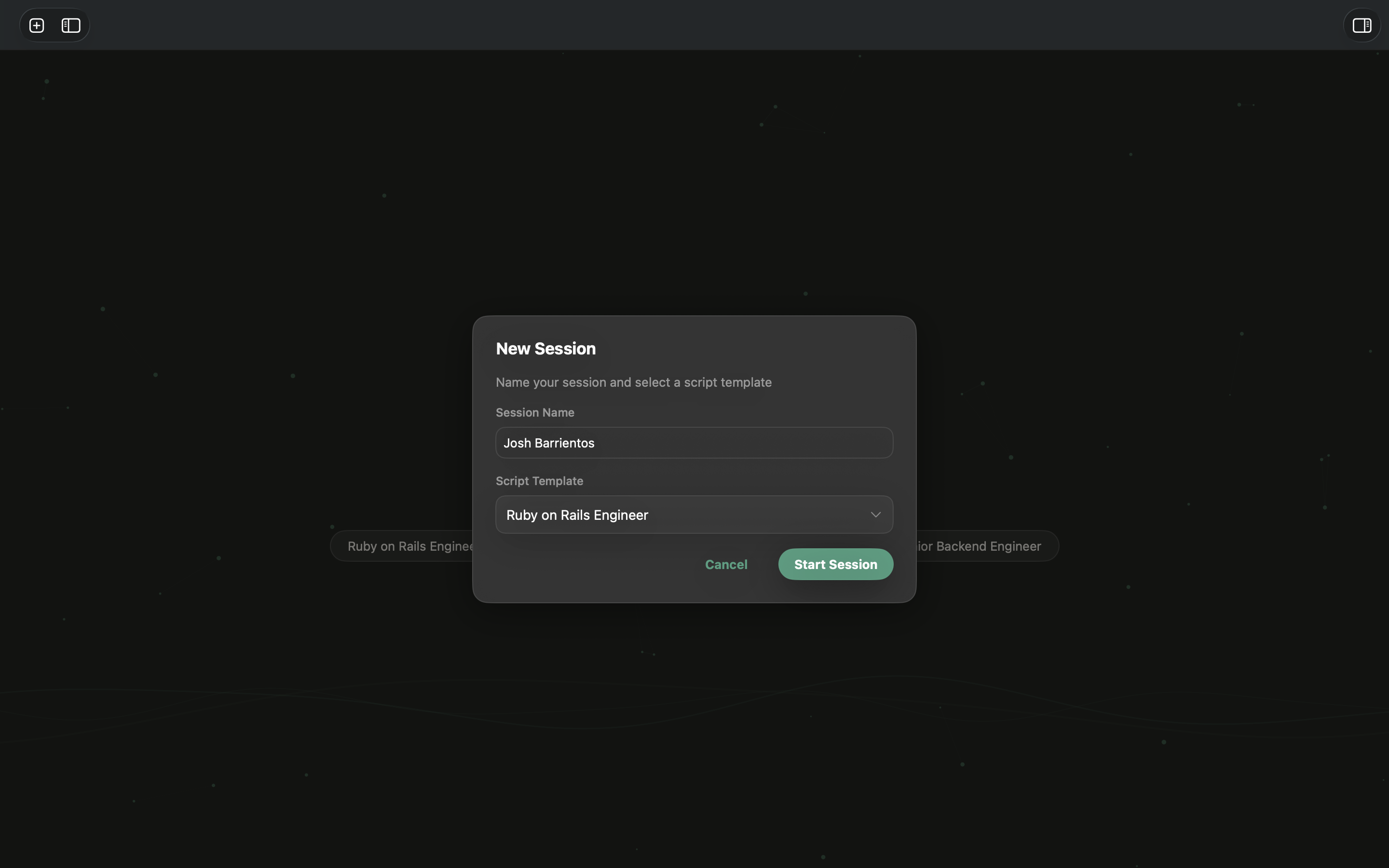New session dialog — name the session and select a script template
