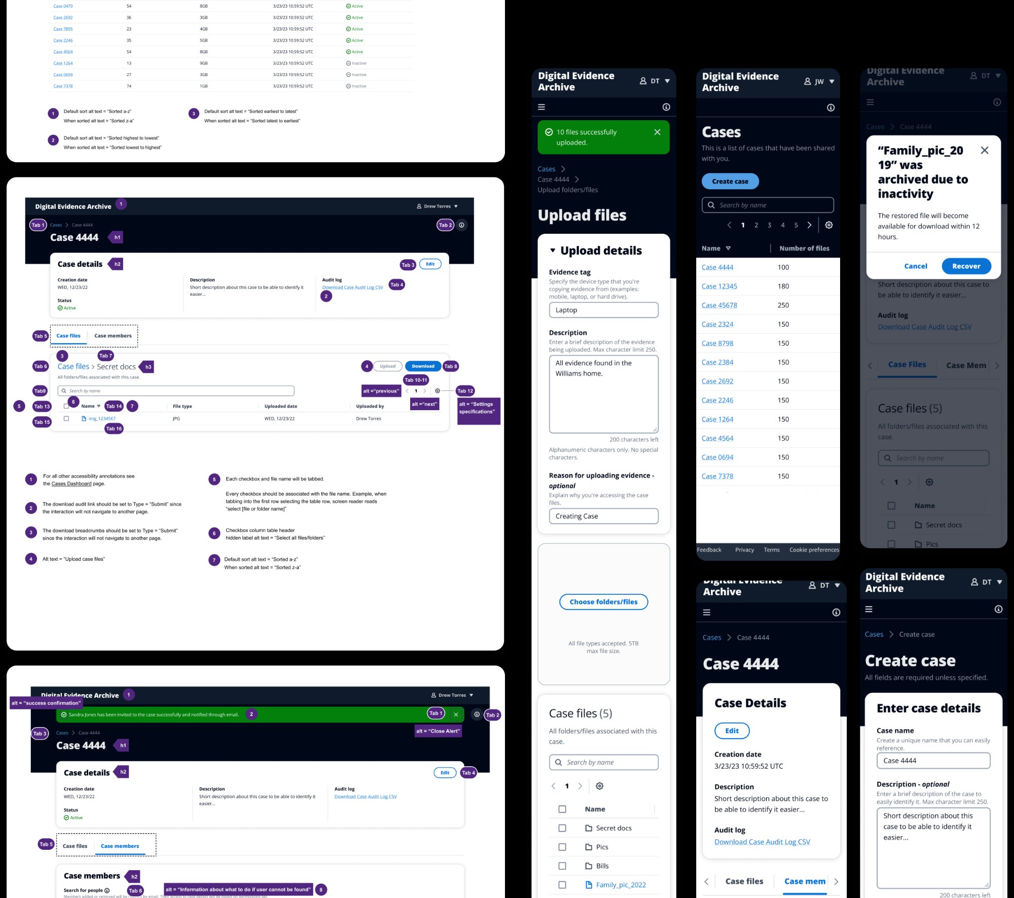 Hi-fi wireframes with accessibility annotations