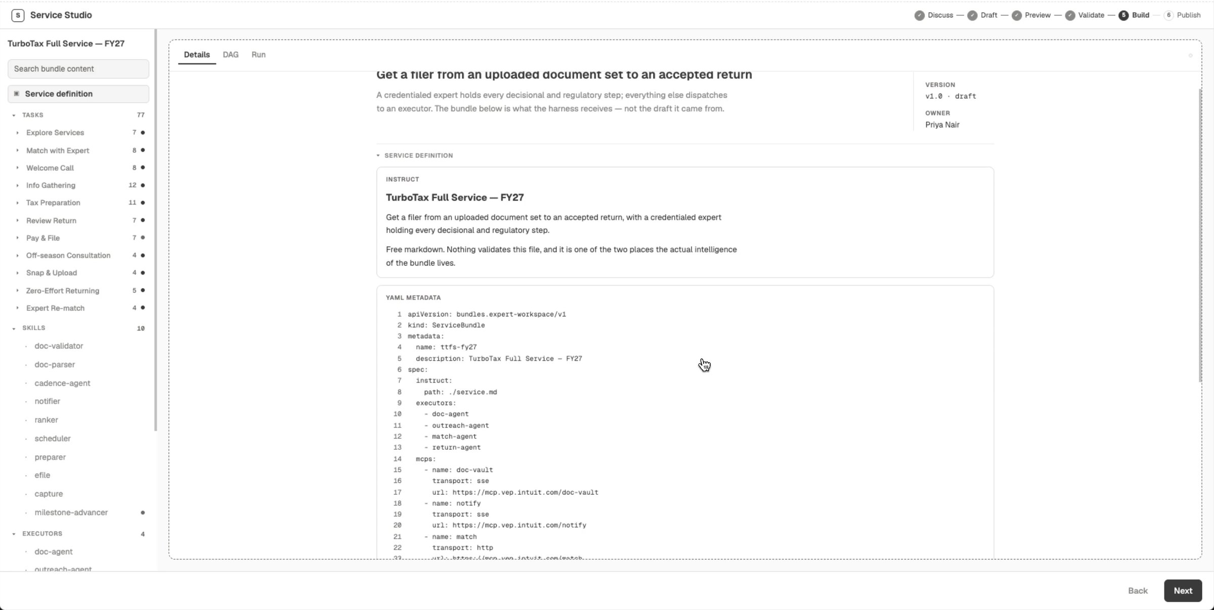 Service bundle graph mapping steps to agents, skills and tools
