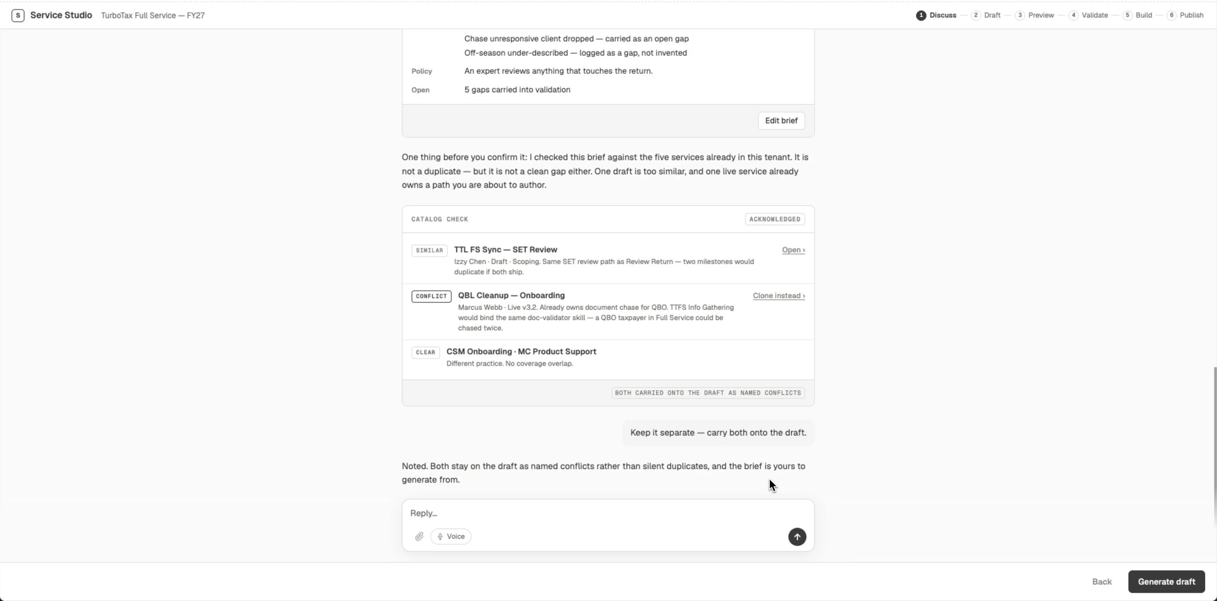 Catalog check flagging overlapping services before the draft is generated