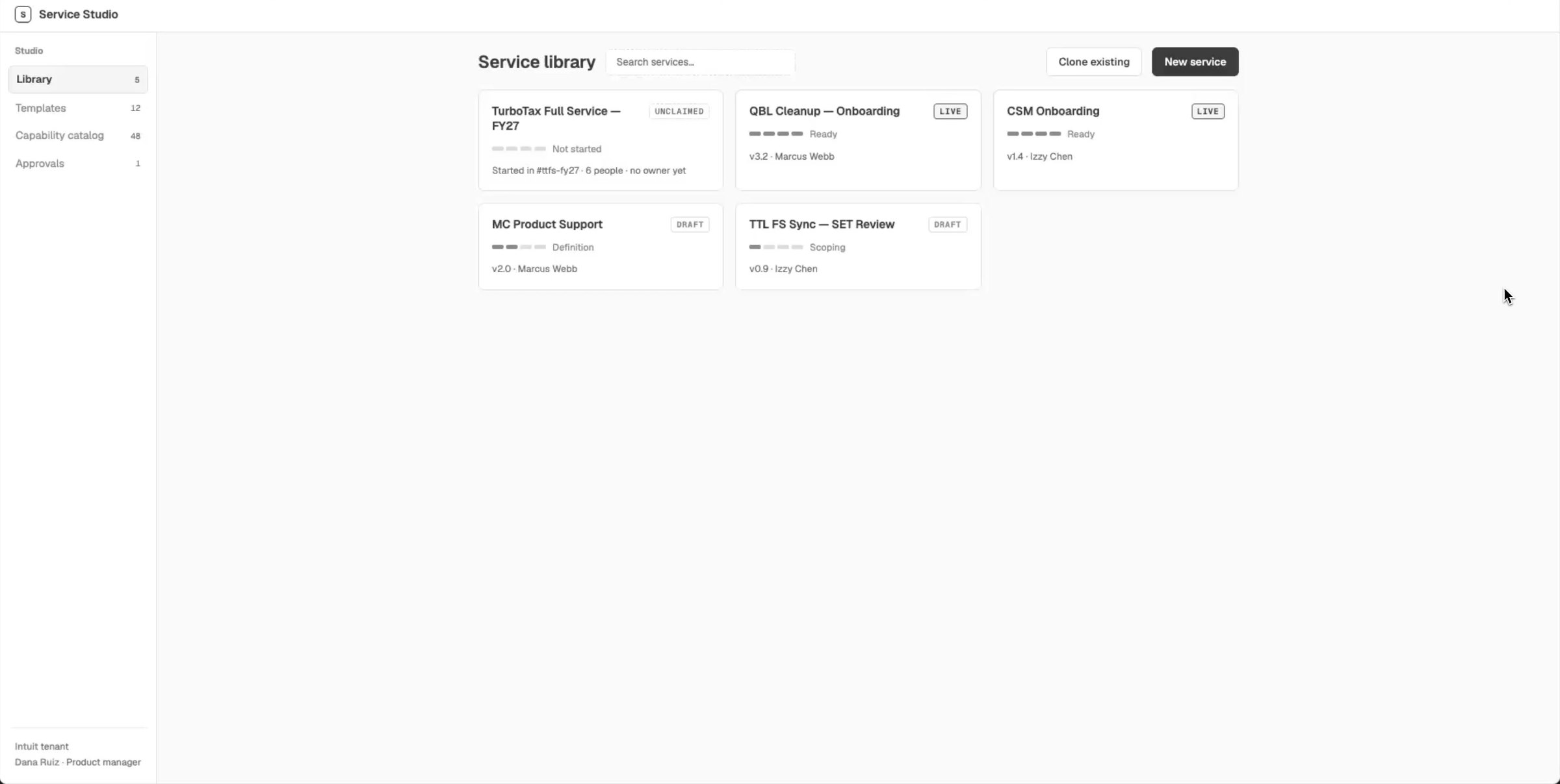 Service library listing live and draft services with their stage