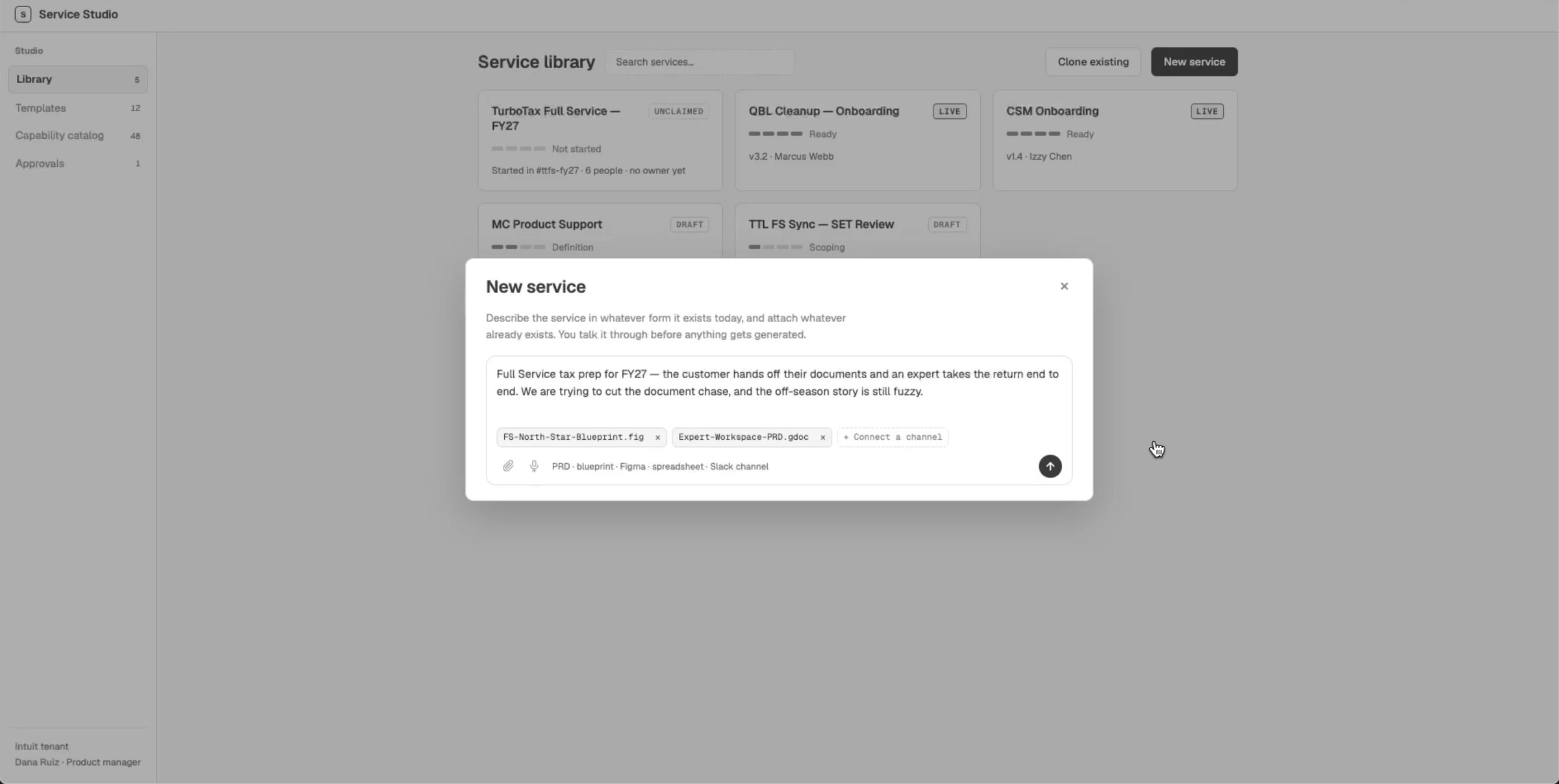 New service dialog with a written brief and attached blueprint and PRD sources
