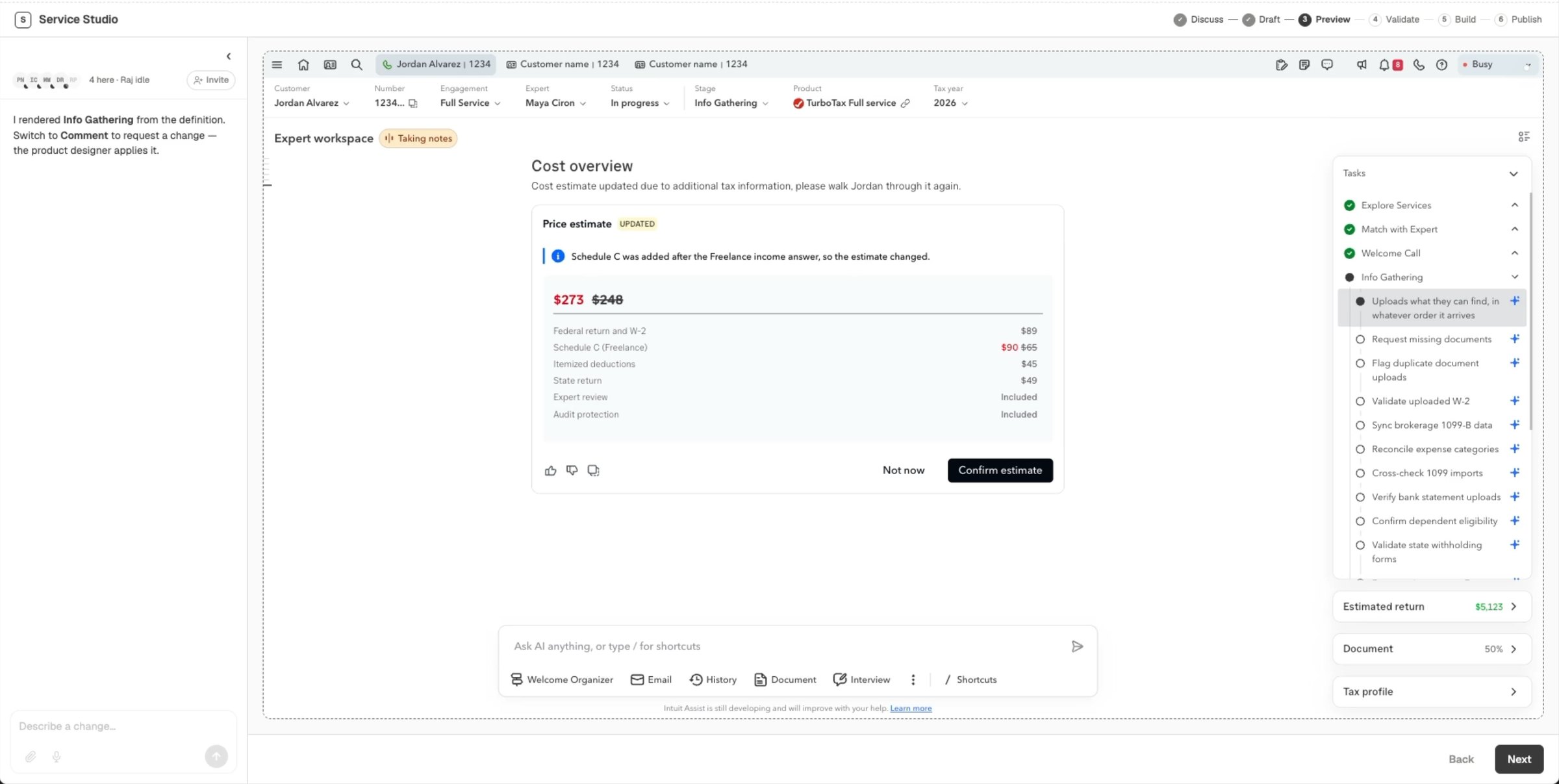 Expert Workspace preview rendering the drafted service as an expert would see it
