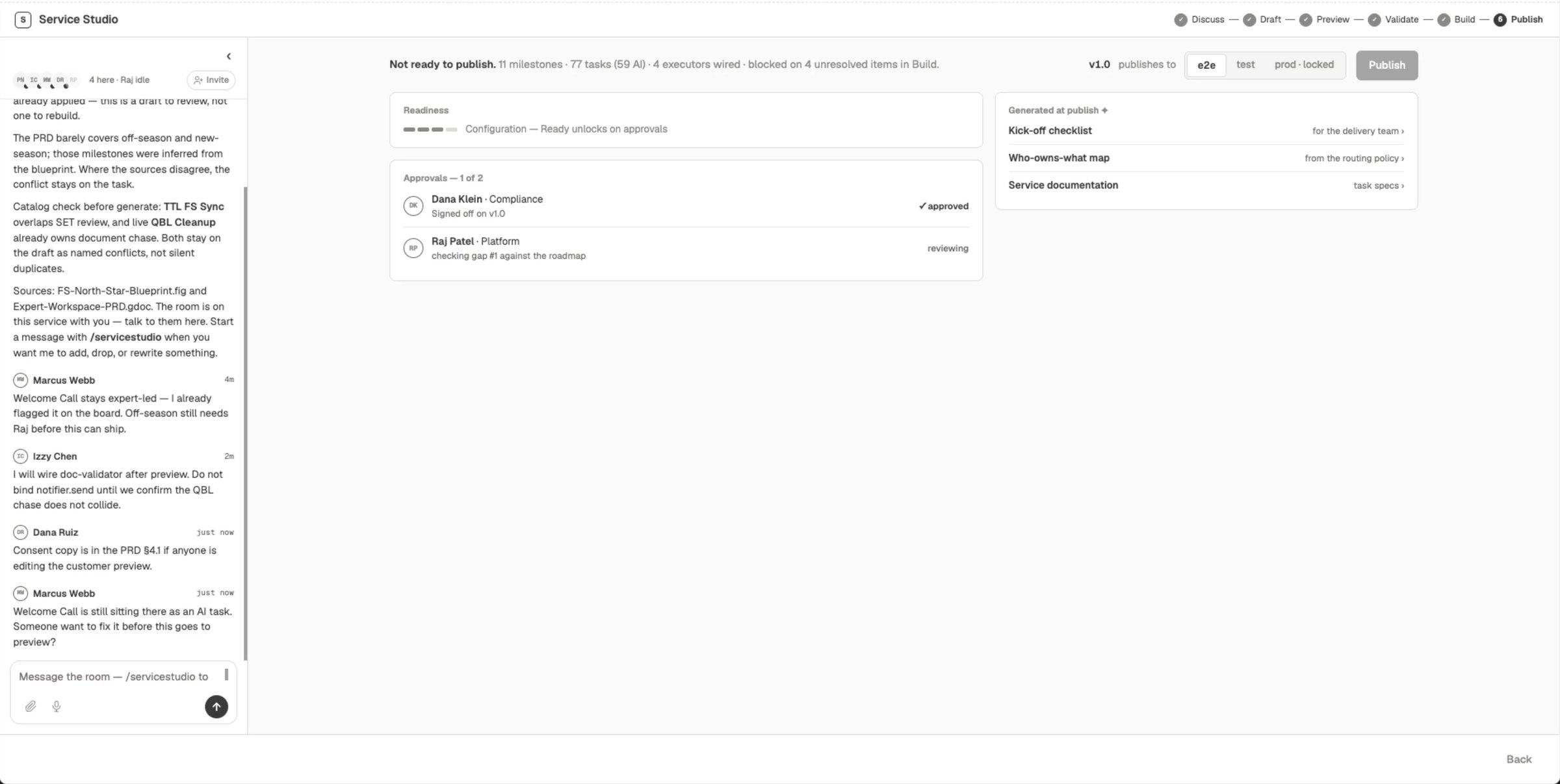 Governed publish screen showing readiness and outstanding approvals