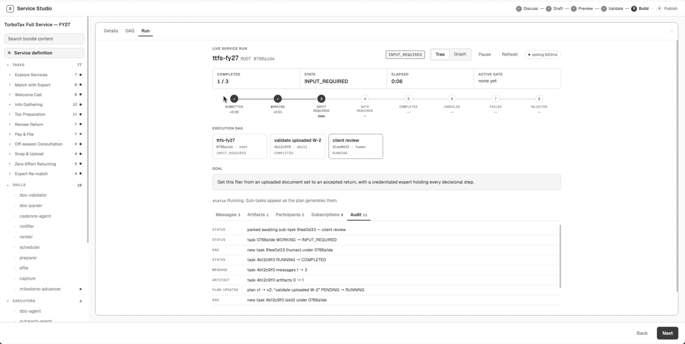 Test run of the bundle showing execution progress and audit log
