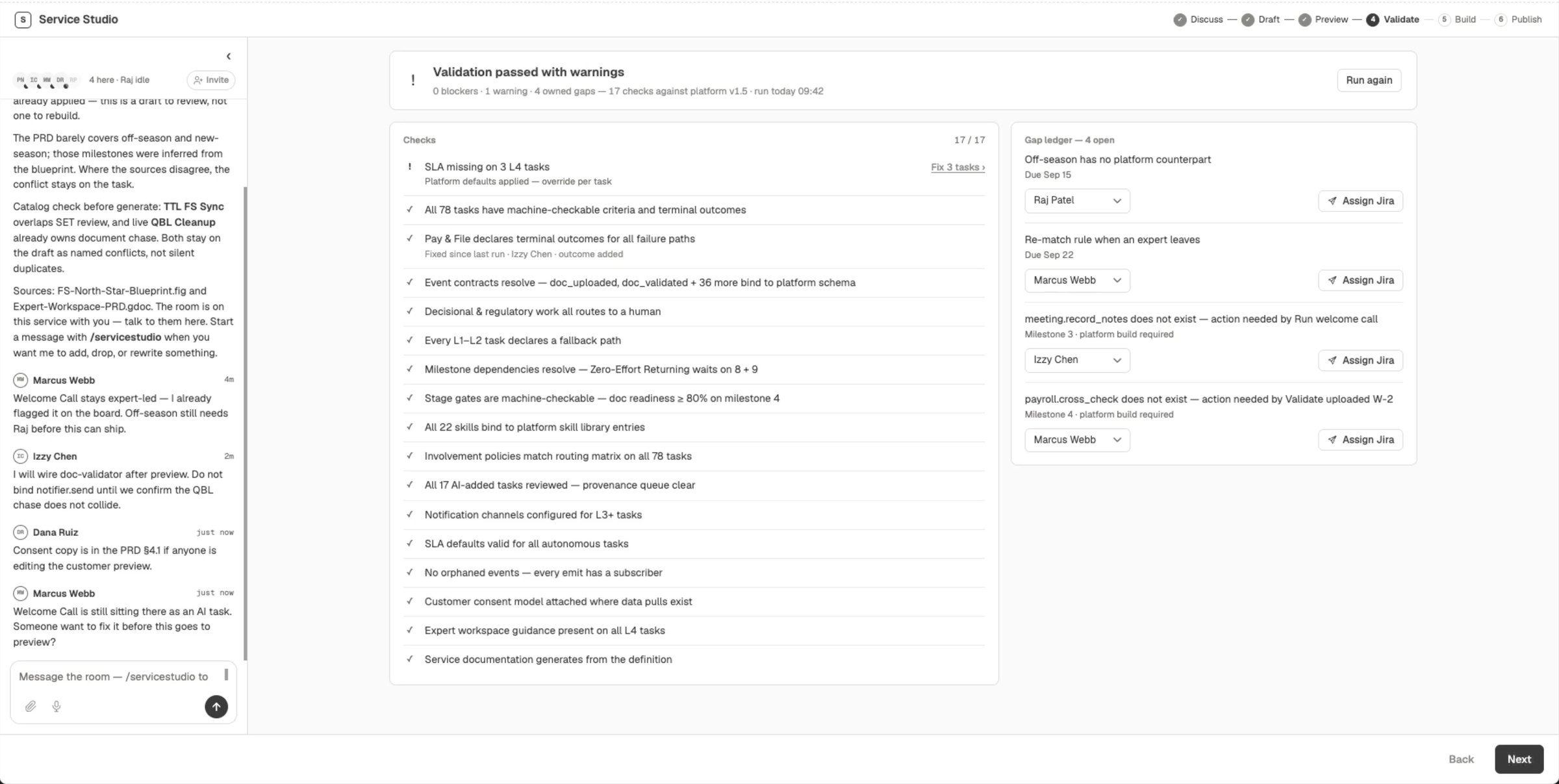 Validation results with passed checks and open gaps assigned to owners